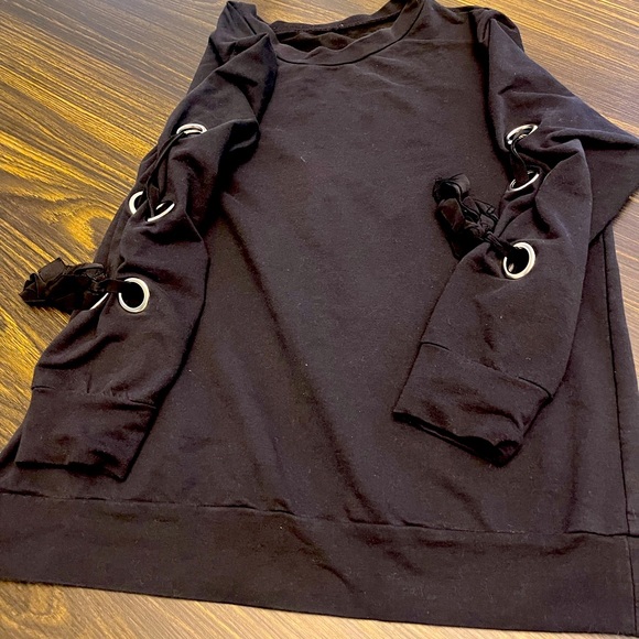 Black sweatshirt with silver loops and black ribbon down the sides. - Picture 2 of 3